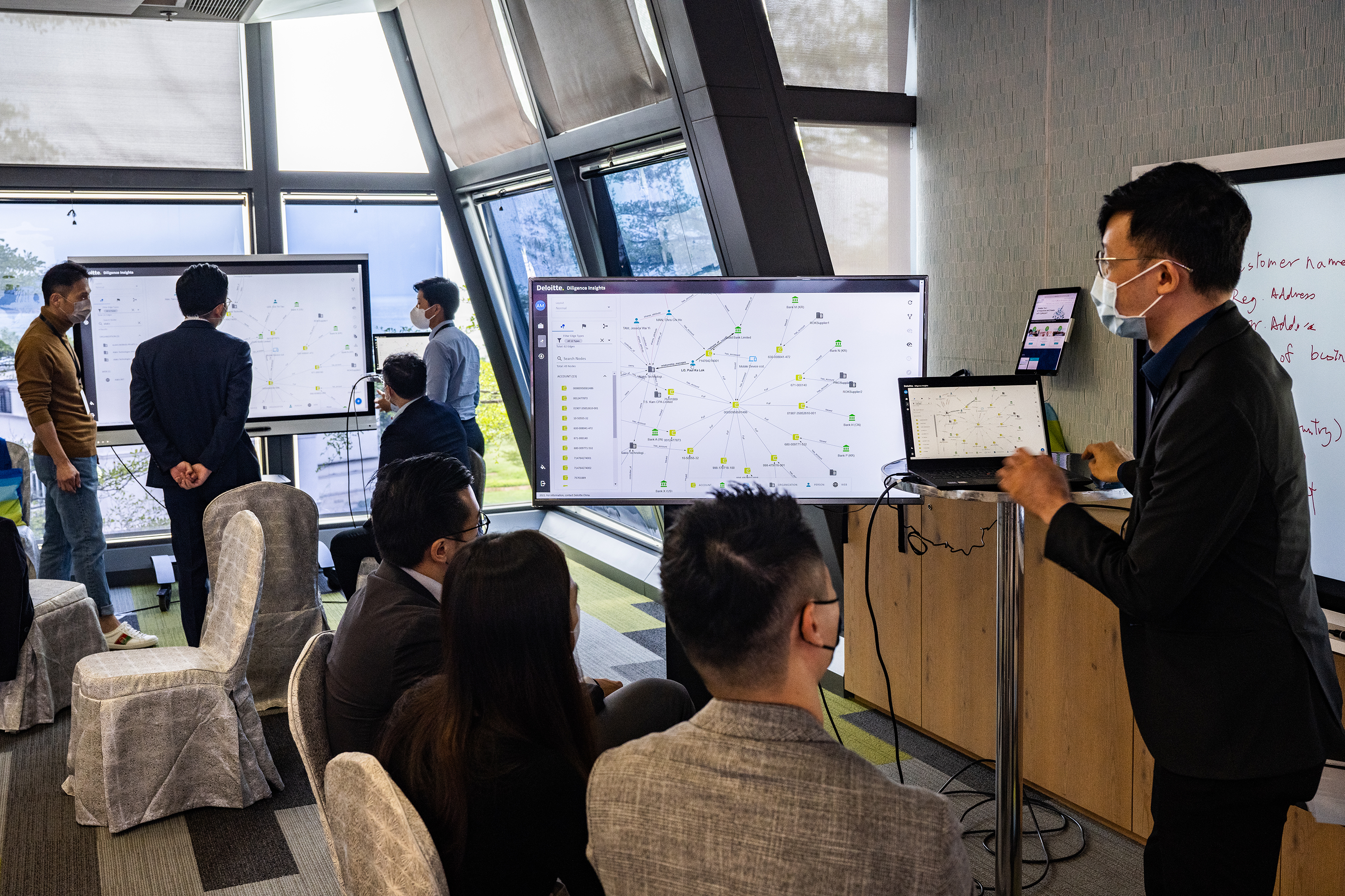 參與的銀行與科技專家合作，探討如何使用合成數據製成網絡圖進行示範測試。